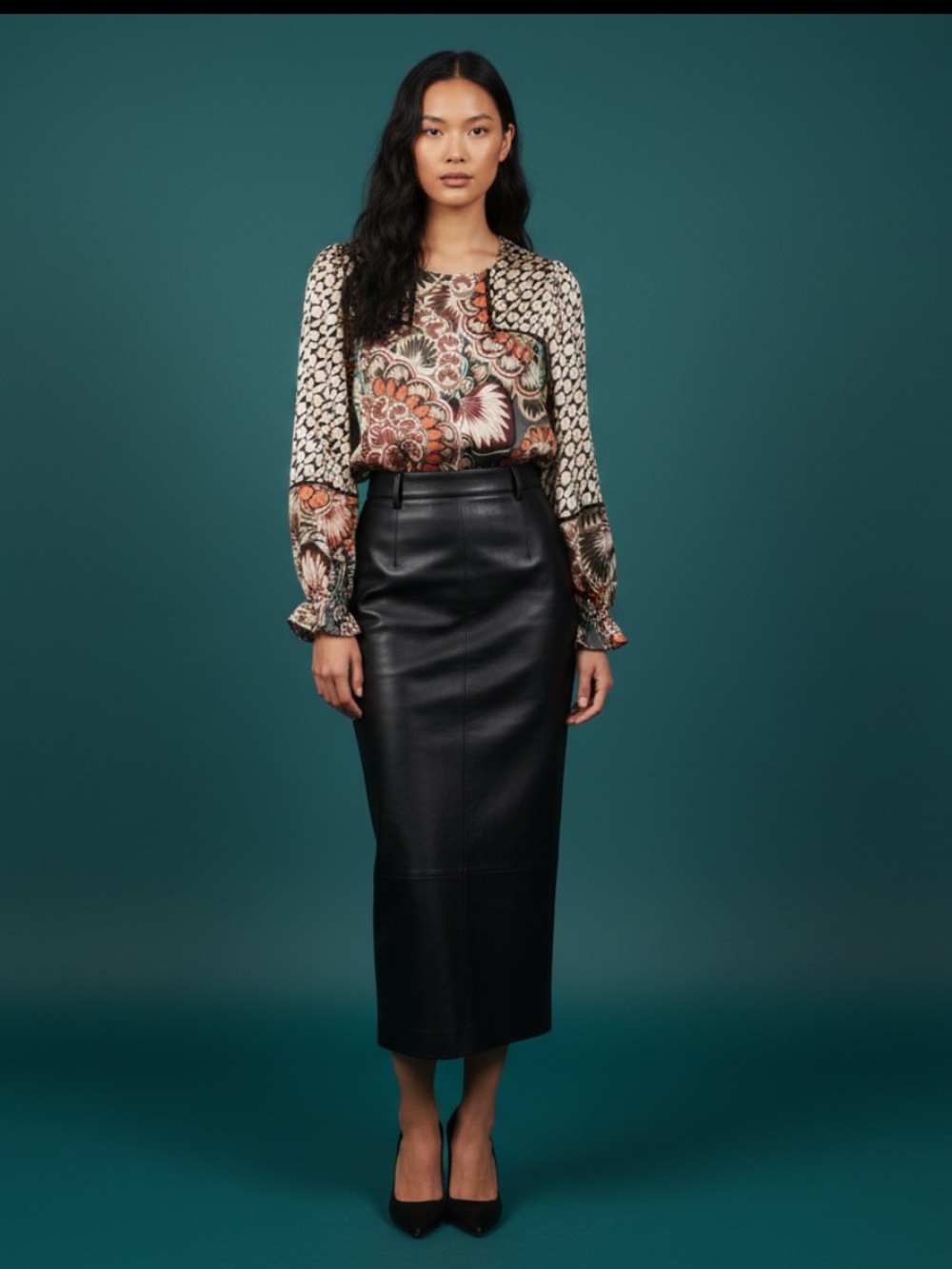 Fate Floral & Geometric Mixed-Print Blouse in Cream, Black & Rust